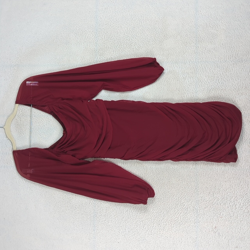 Maroon Ruched Mesh‎ Bodycon Long Sleeve Party Dress Size Small
